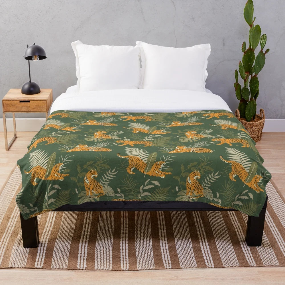 Tiger in jungle pattern plush blanket