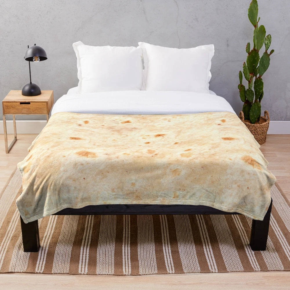 Soft and plush blanket featuring a realistic tortilla print design