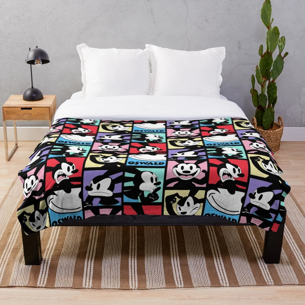 Cozy plush blanket featuring the iconic Oswald the Rabbit character from vintage cartoons