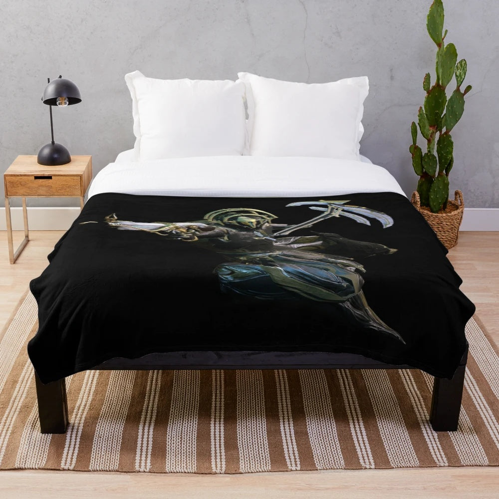 Warframe-themed plush blanket featuring the iconic Warframe logo and design