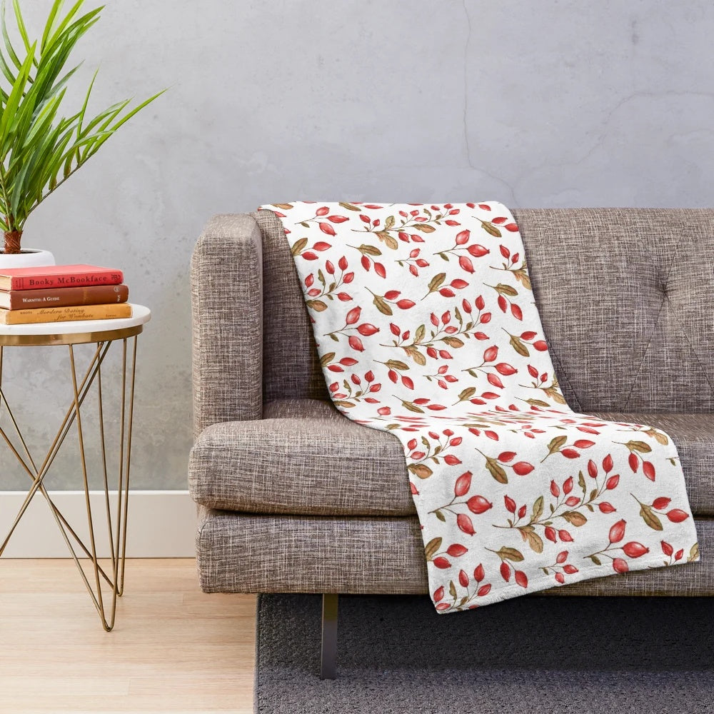 Watercolor rosehip pattern plush blanket