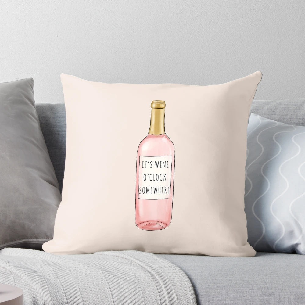 Watercolor wine-themed "Wine O'Clock Somewhere" decorative pillow