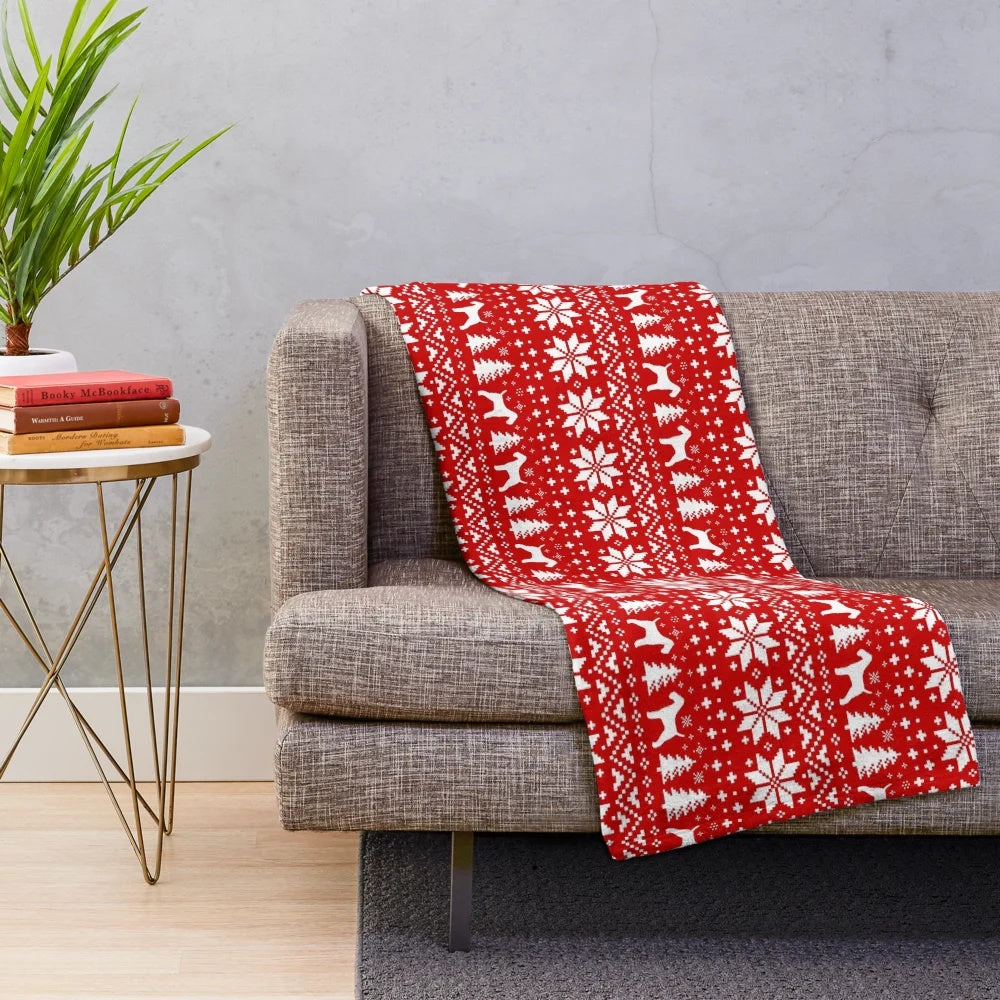 Plush blanket with wire fox terrier silhouettes in a festive Christmas pattern