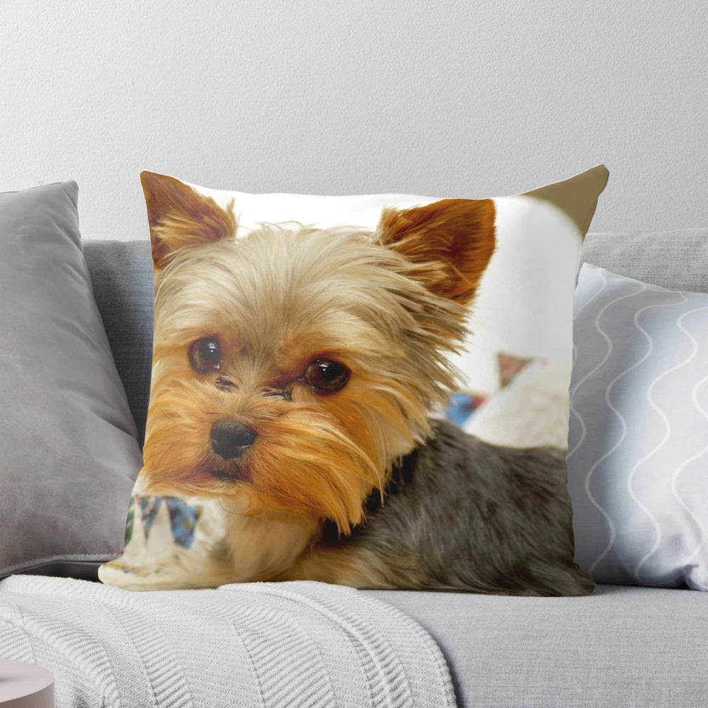 A soft, plush pillow featuring an adorable Yorkie dog design, perfect for dog-themed home decor.