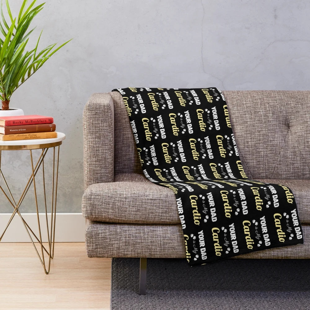 Your Dad Is My Cardio" plush blanket featuring a barbell design for fitness-loving dads