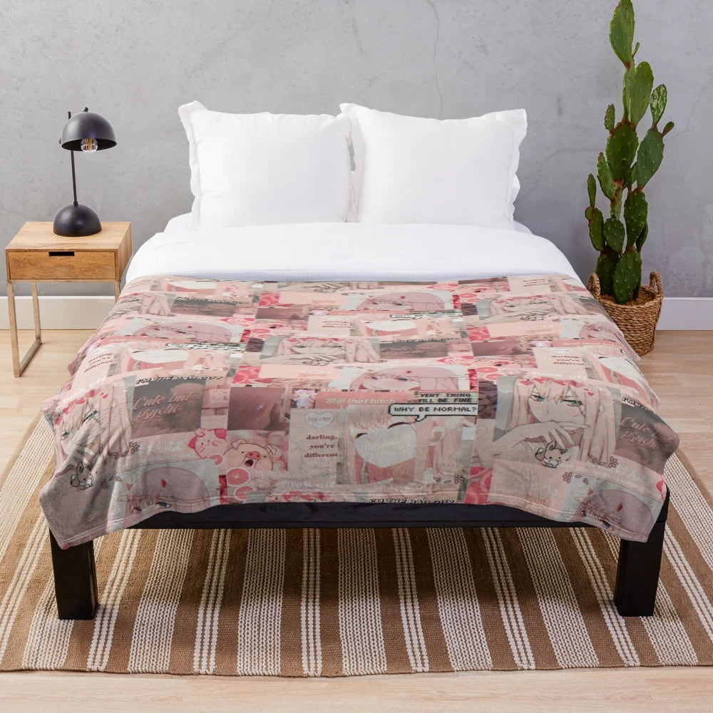 Zero Two inspired plush blanket with anime aesthetic design