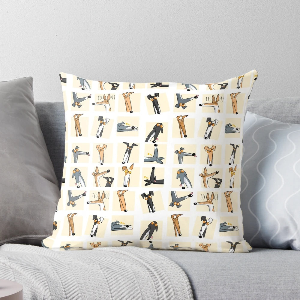 Cream-colored pillow with a playful cartoon illustration of a whippet, greyhound, or hound dog