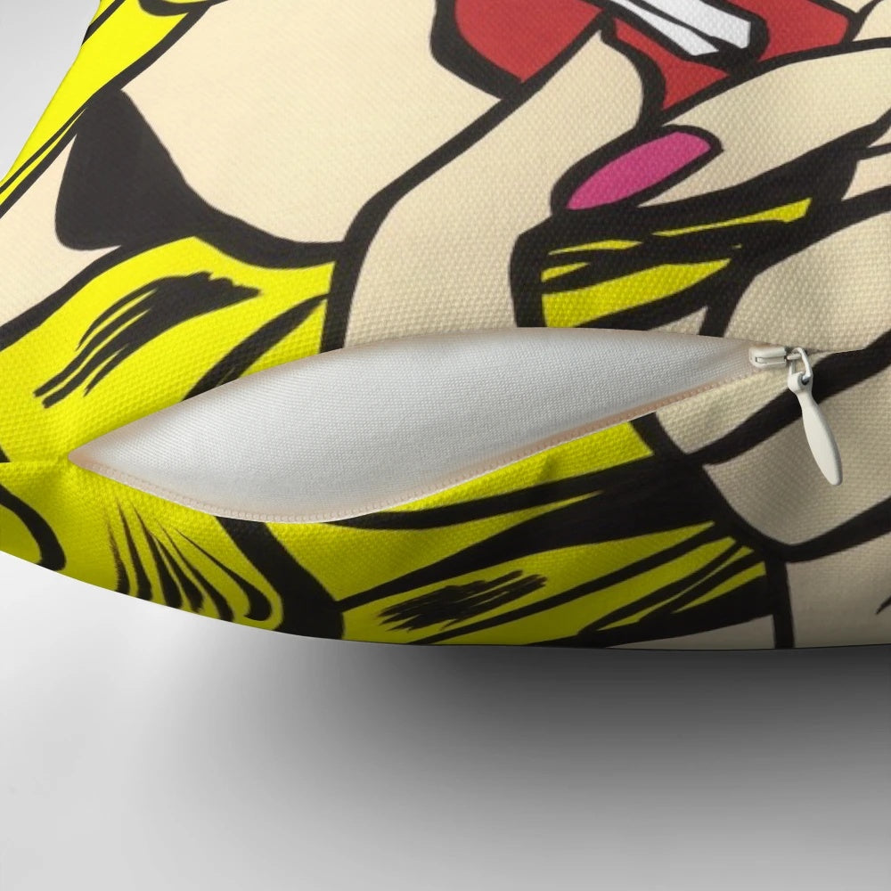 A decorative throw pillow featuring a crying comic book style illustration in a vintage modern art design.