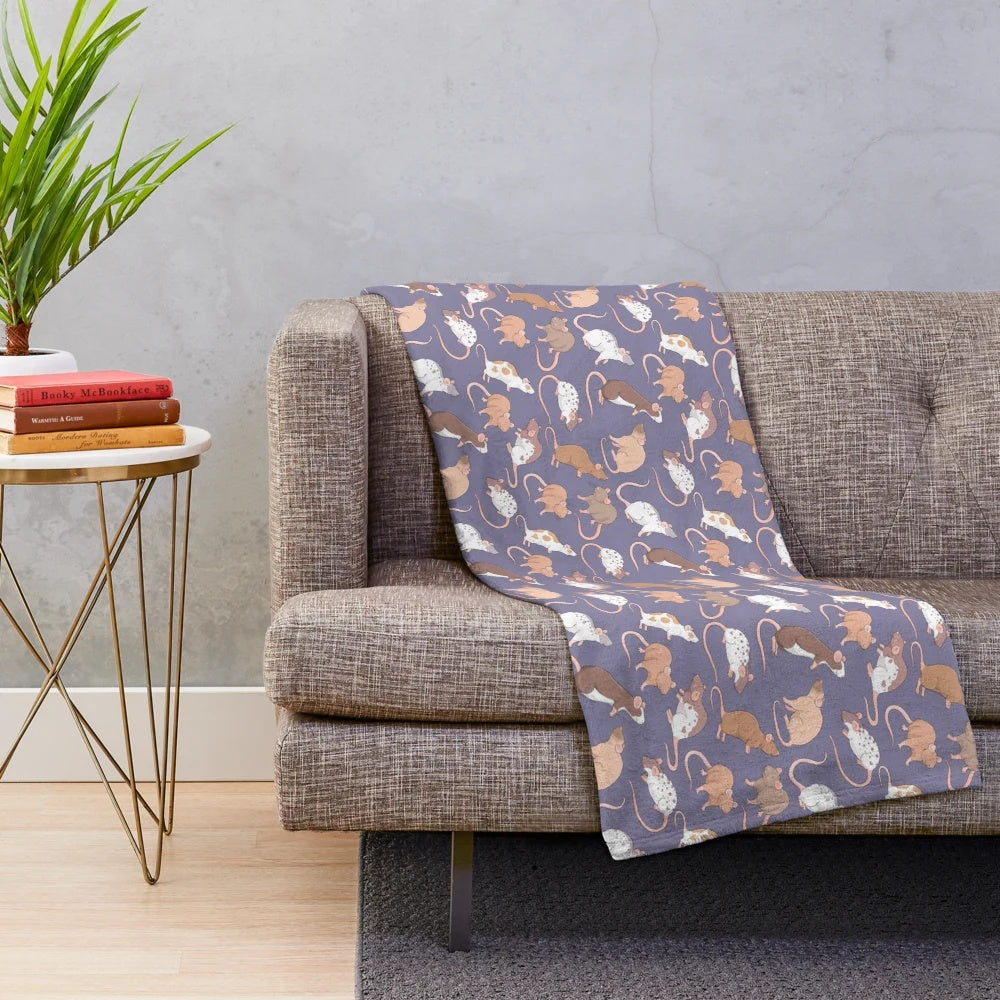 Plush blanket featuring a cute rat pattern against a slate grey background