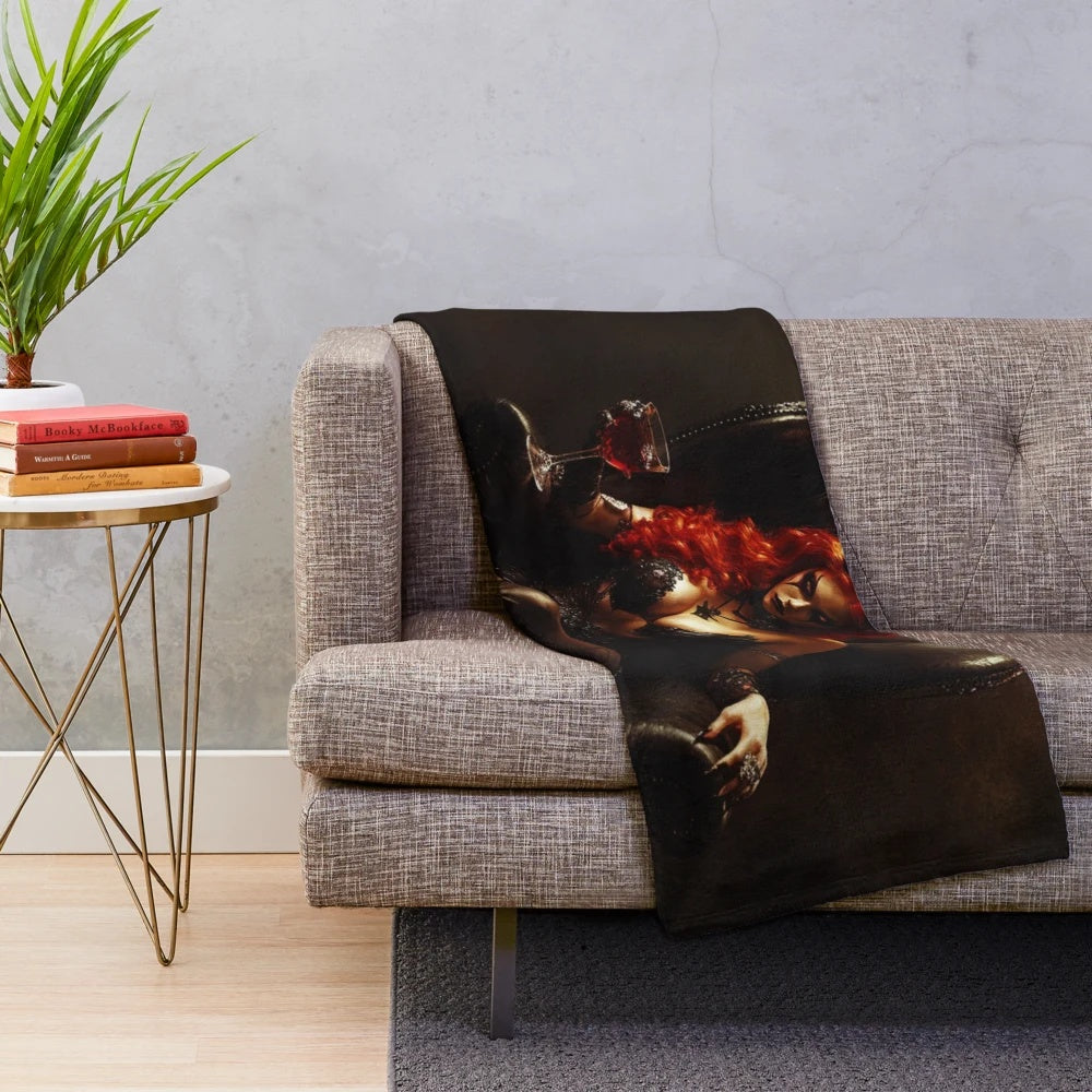 Dark fantasy plush blanket with gothic anime-style demoness illustration