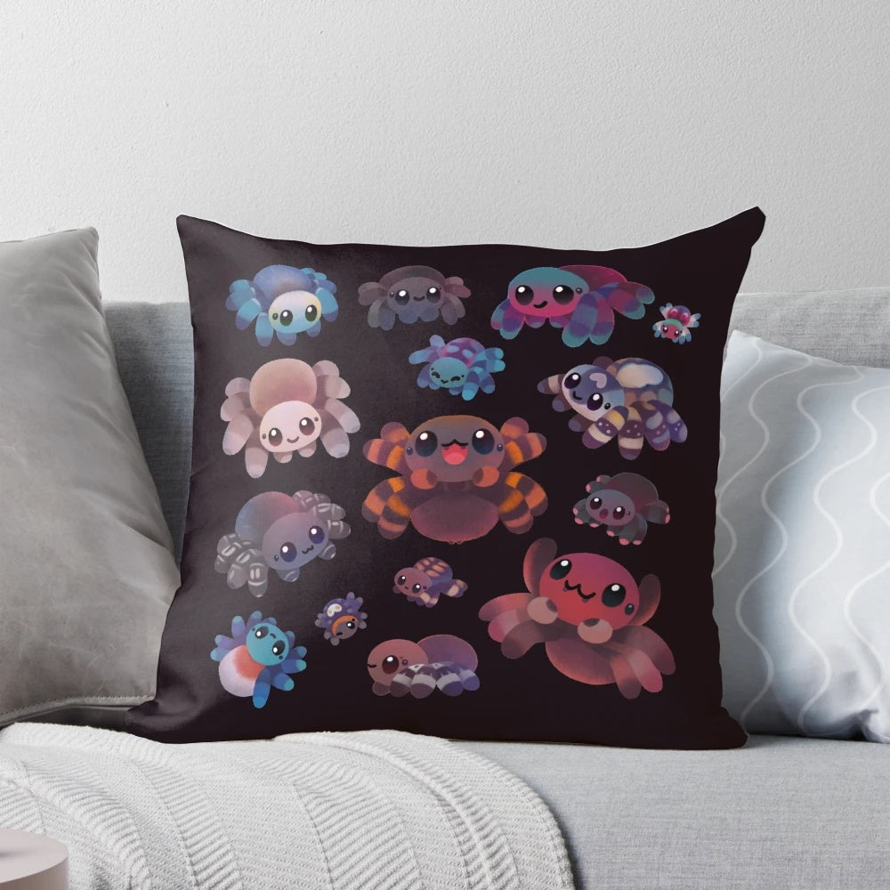 A dark-colored, tarantula-themed decorative pillow for a cozy, nature-inspired home.