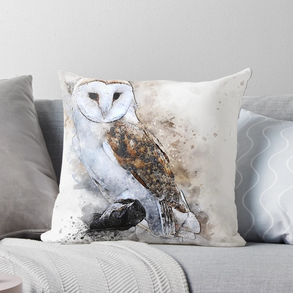 Watercolor painting of a barn owl printed on a decorative throw pillow