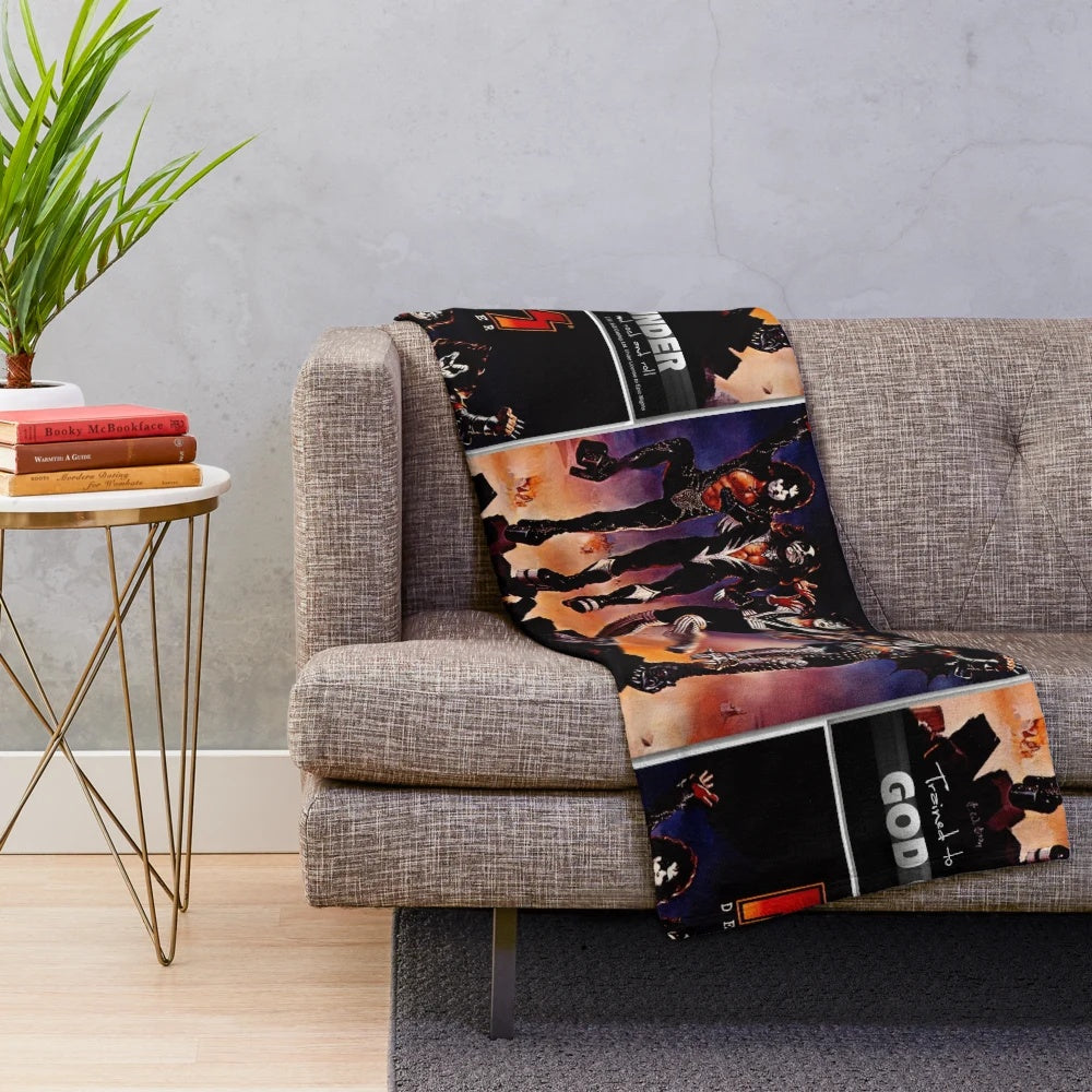 KISS inspired plush blanket featuring the Destroyer album cover and God of Thunder lyrics