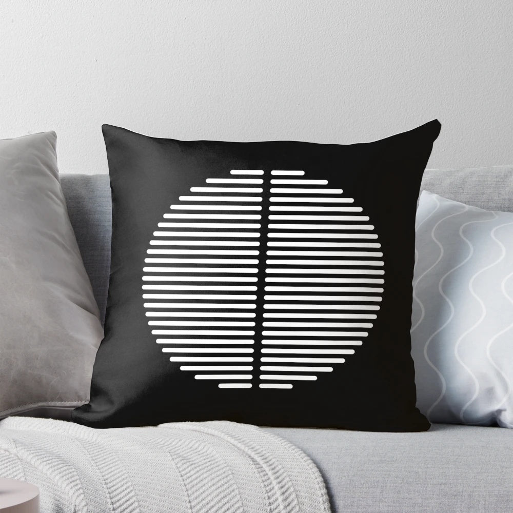 A black and white geometric throw pillow inspired by the iconic design philosophy of Dieter Rams and the Bauhaus movement.