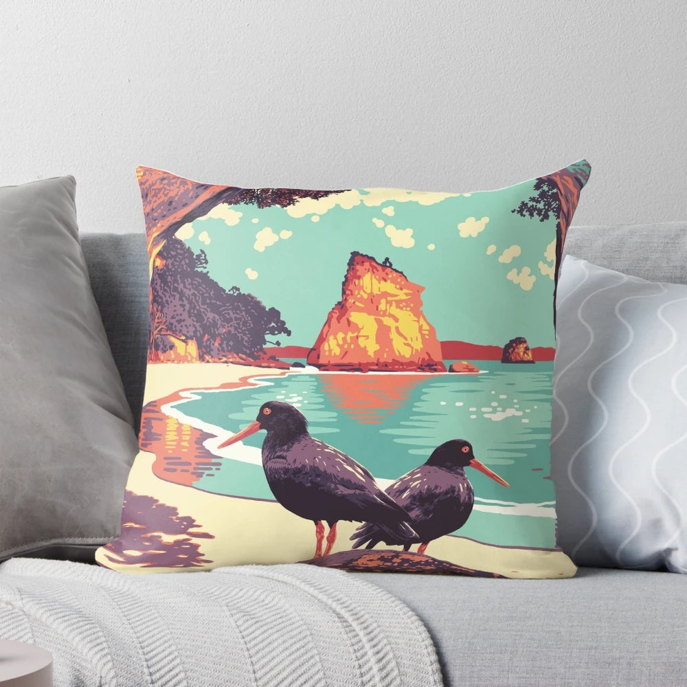 Vintage-style decorative pillow featuring a scenic image of Cathedral Cove, New Zealand