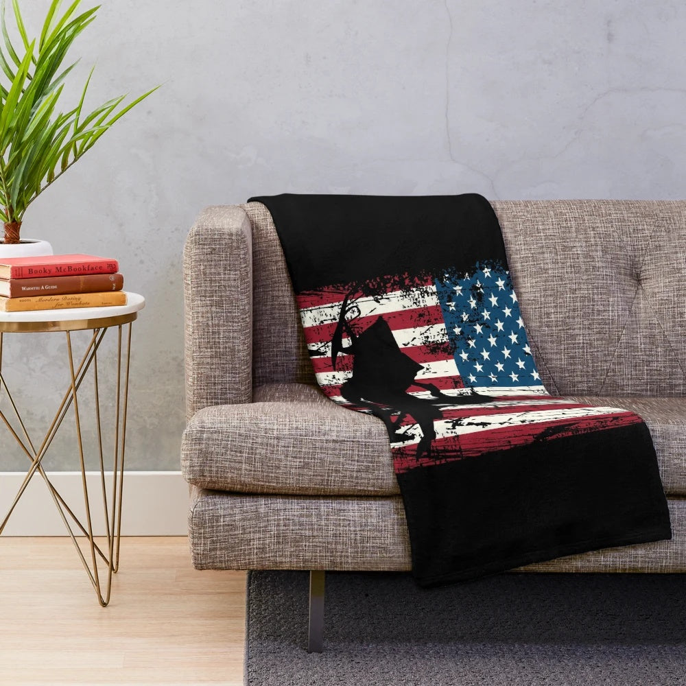Distressed American flag plush blanket with snowmobiling design