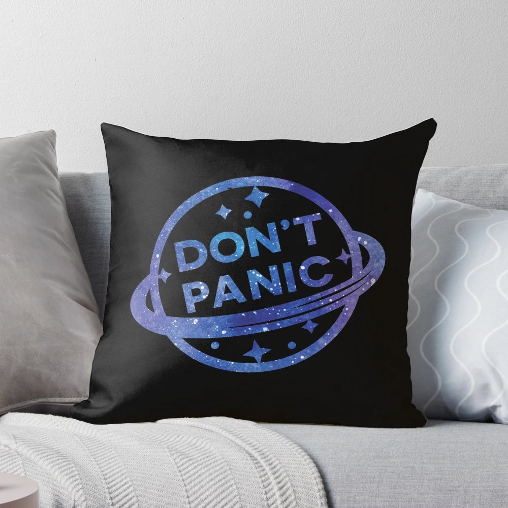 Don't Panic" Retro Sci-Fi Pillow featuring the iconic quote from Douglas Adams' Hitchhiker's Guide to the Galaxy