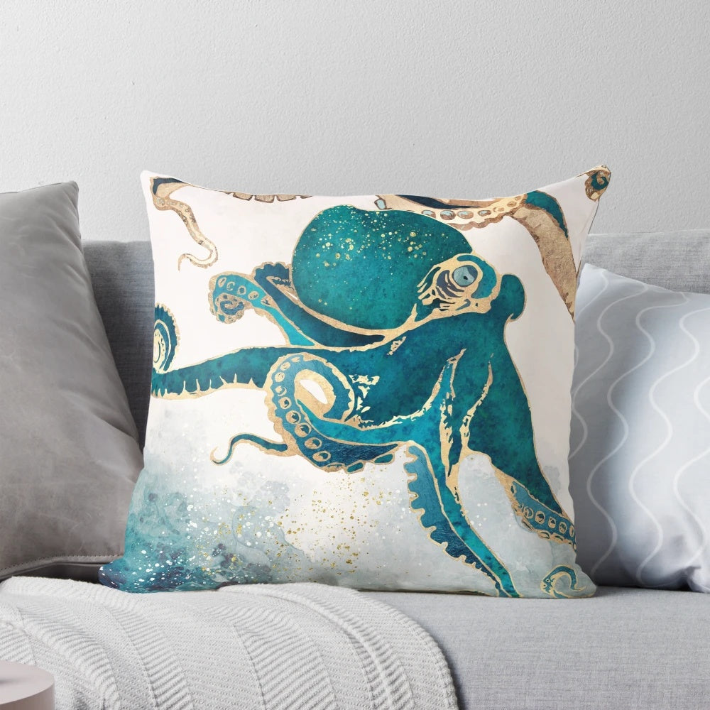 Underwater Dream V Pillow featuring a watercolor octopus design in shades of blue, gold, and mint