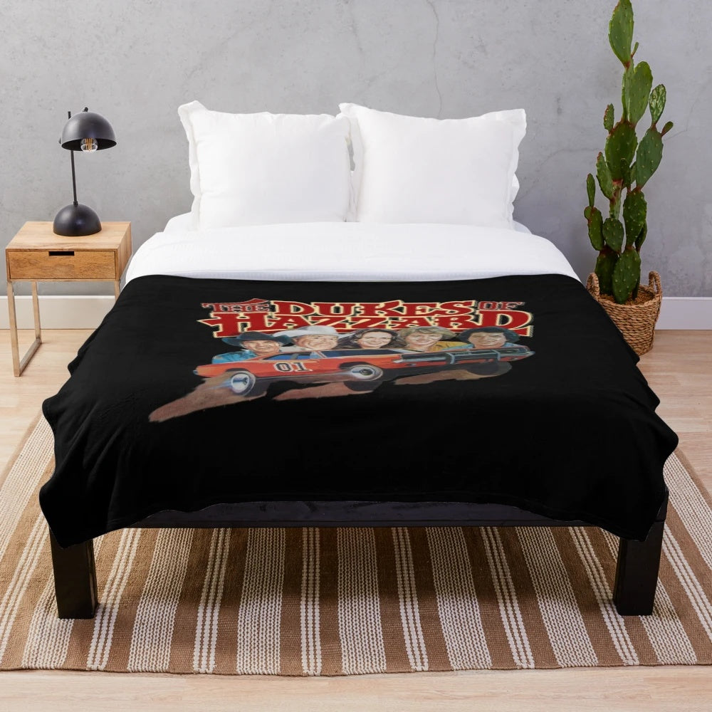Dukes of Hazzard inspired plush blanket featuring the iconic General Lee car