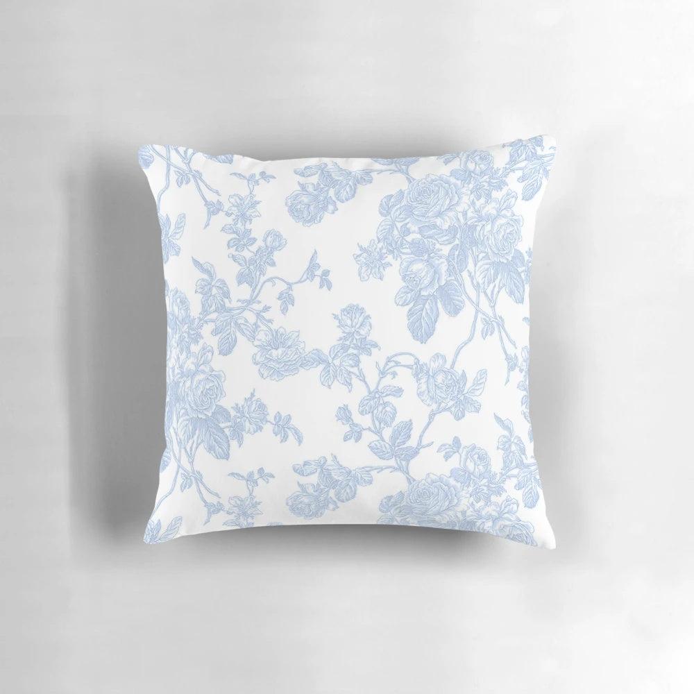 Dusk blue vintage roses toile pattern decorative pillow