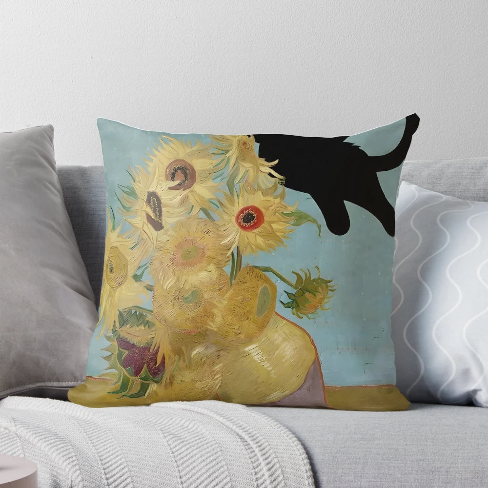 Decorative cat pillow featuring a vintage floral design inspired by the paintings of Vincent Van Gogh.