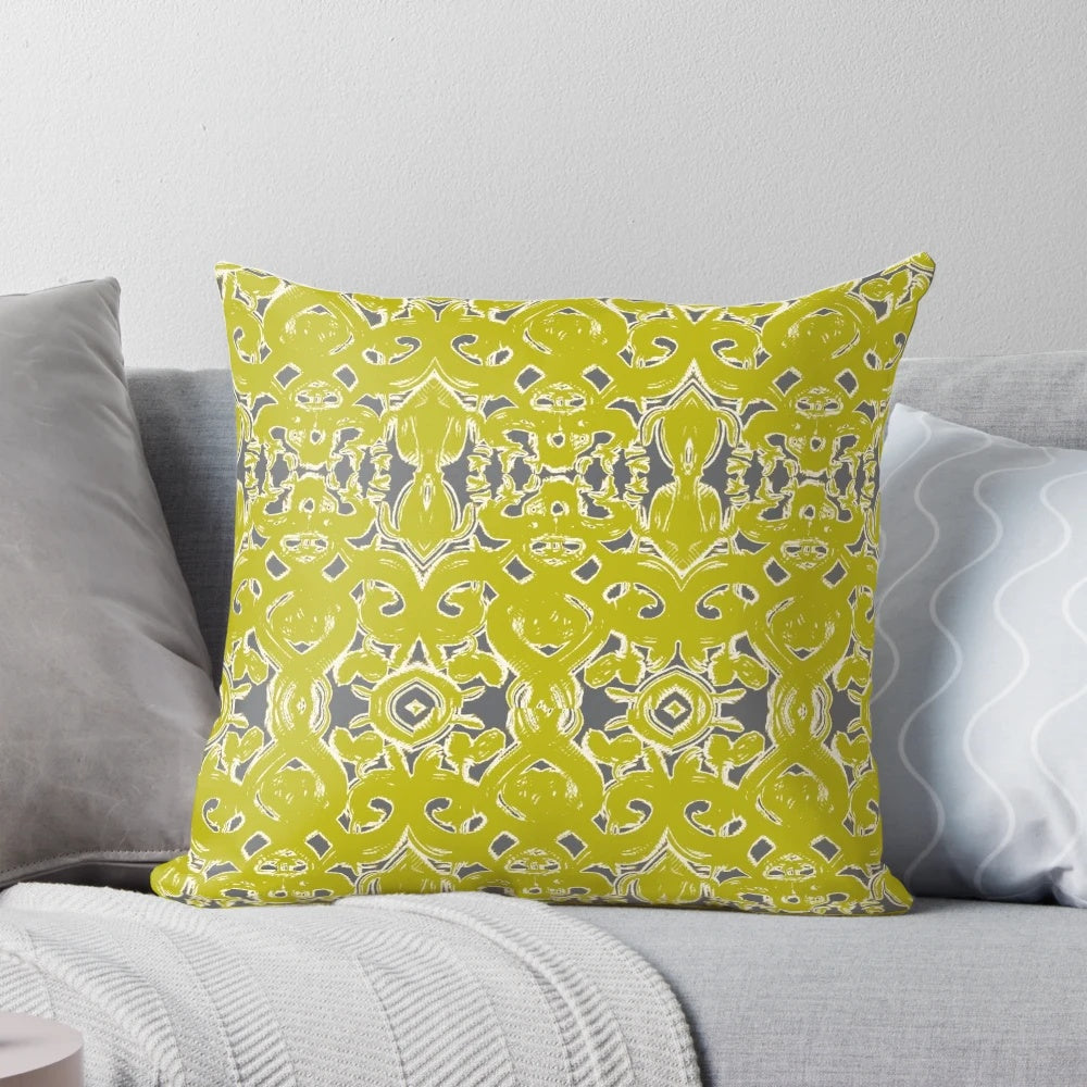 Chartreuse damask pattern pillow for home decor