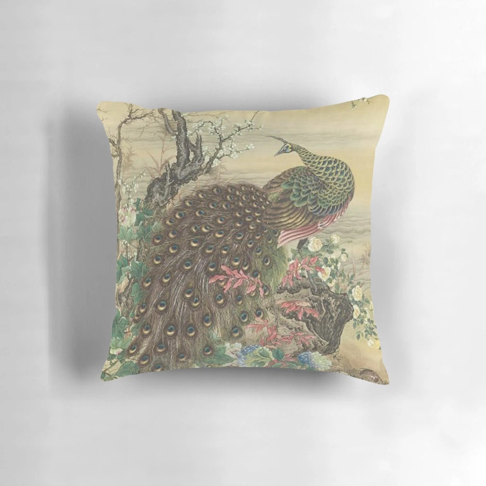 Luxurious blue and white chinoiserie-patterned pillow with peacock bird design, perfect for grandmillennial-style interior design.