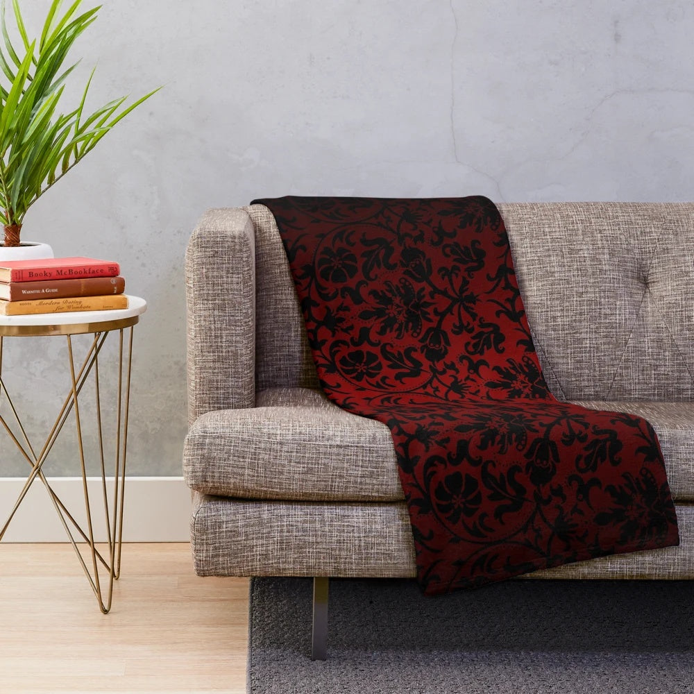 Dark red and black damask pattern plush blanket