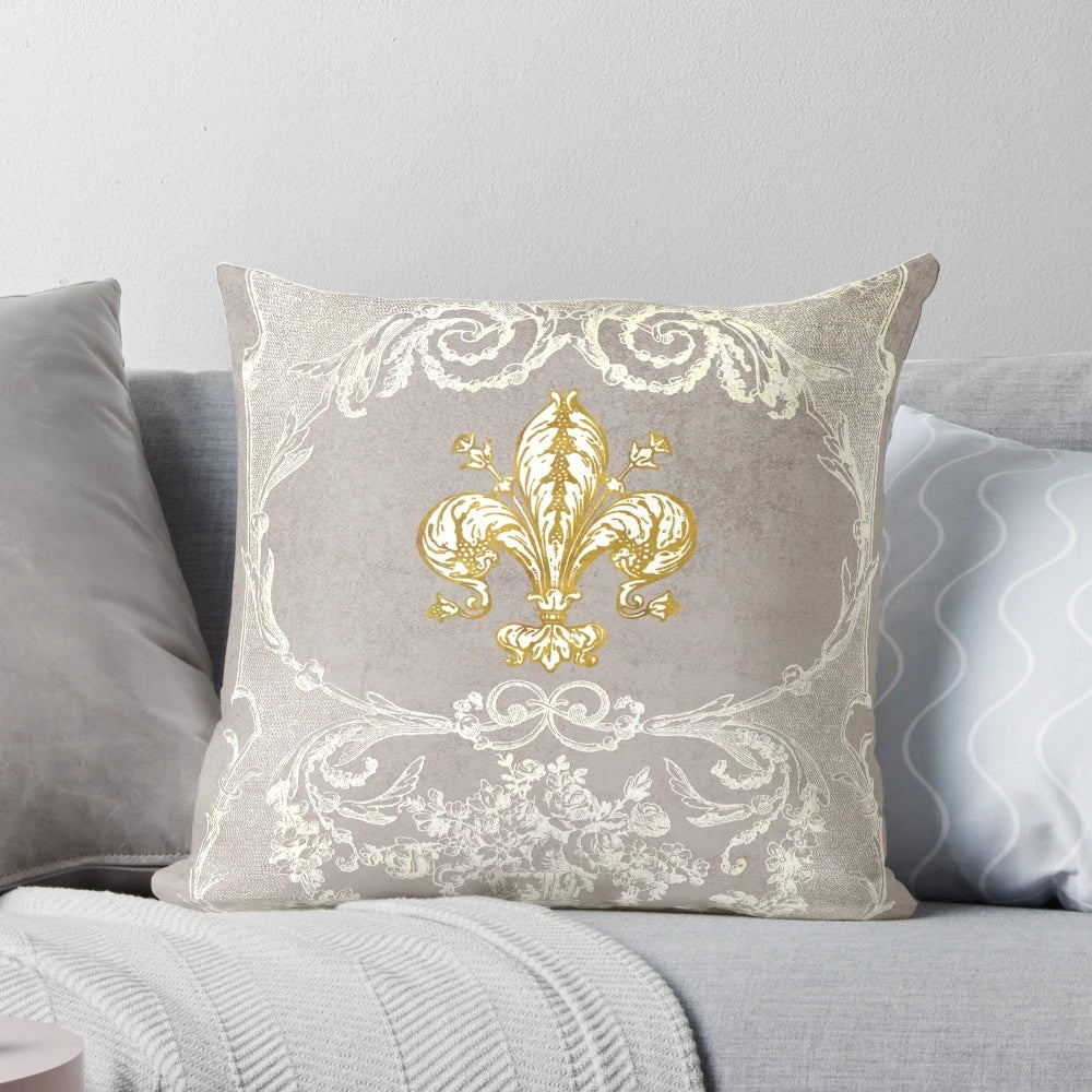 Closeup of a vintage-style grey and white floral lace decorative pillow