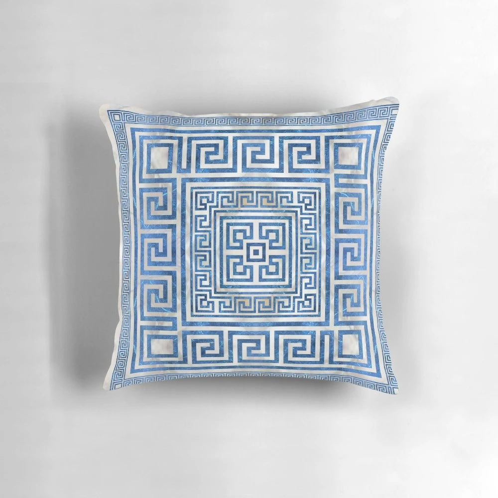 Greek key pattern and meander design printed on a blue marble-inspired square pillow