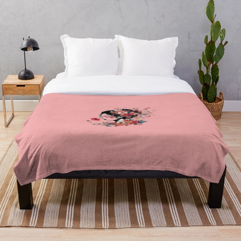 Japanese autumn-inspired plush blanket with abstract floral portrait and blooming face