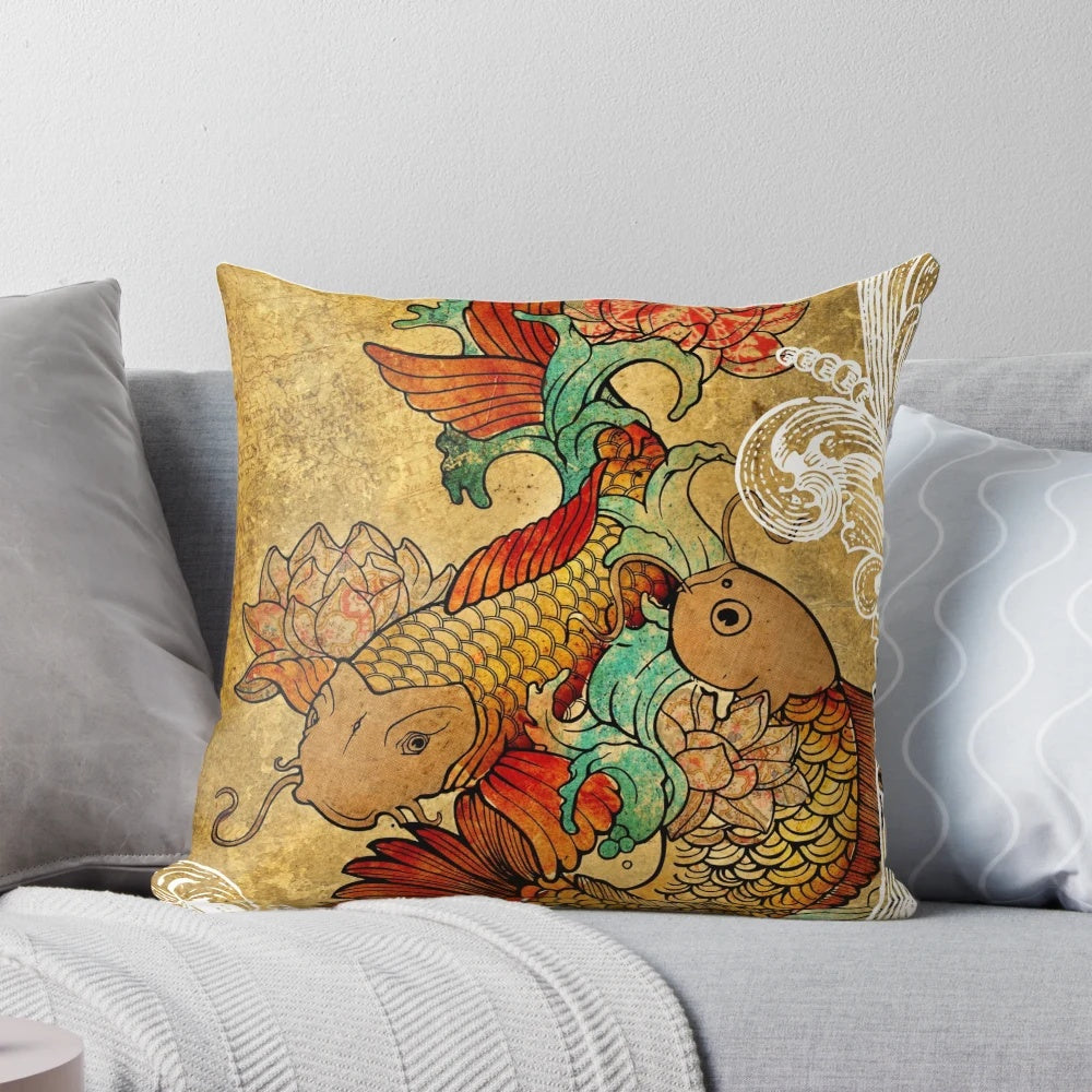 A decorative throw pillow featuring a detailed koi fish illustration in an earthy, vintage-inspired design.