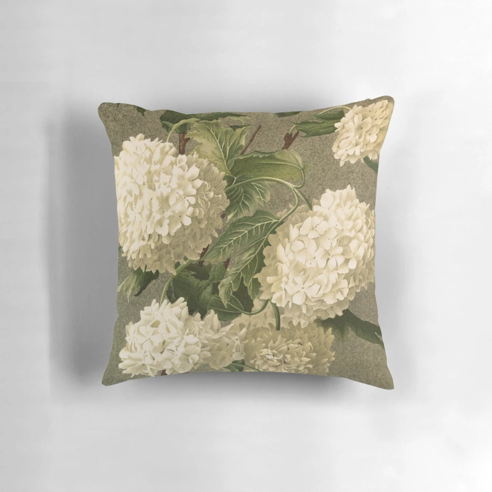 Vintage-style white hydrangea floral decorative pillow