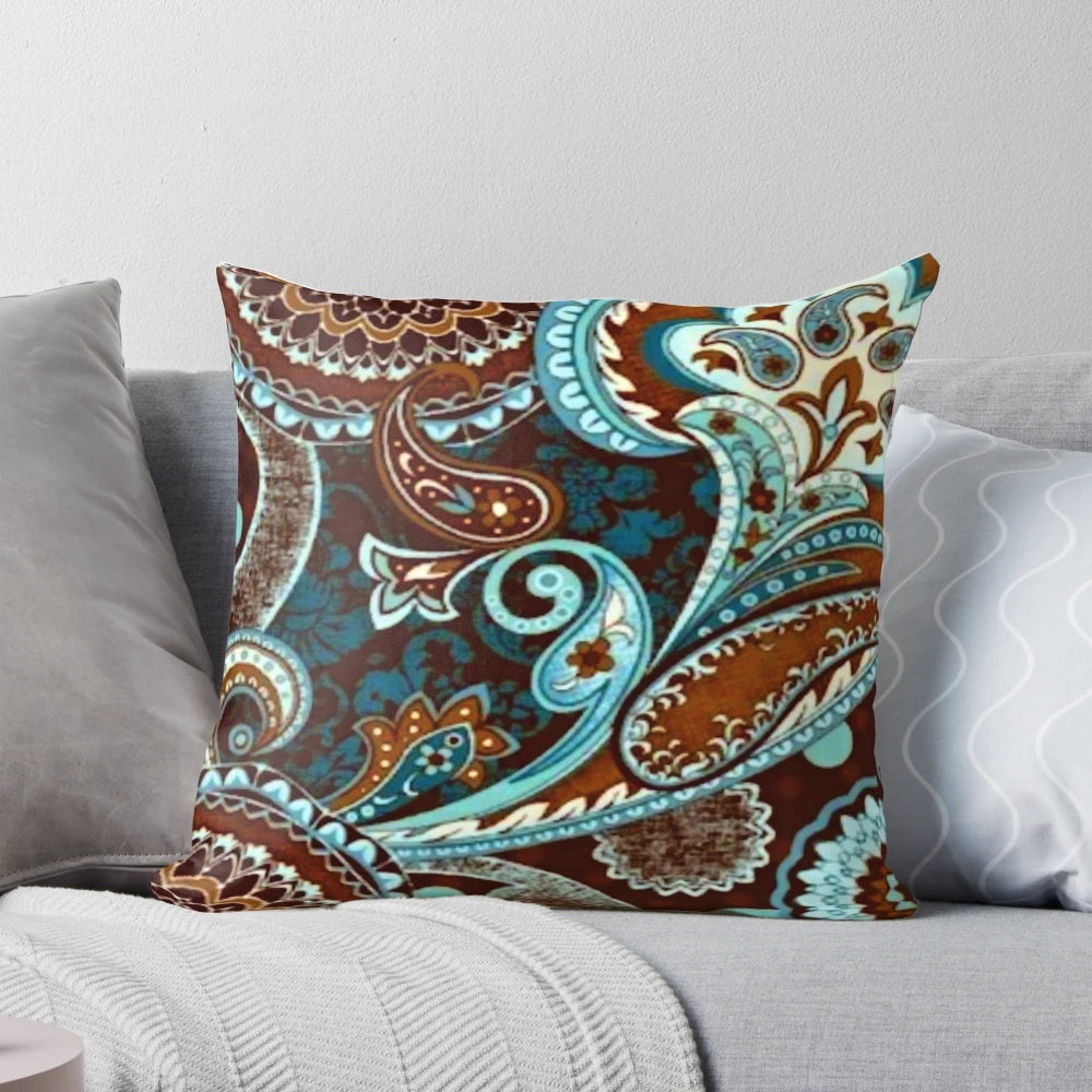 Vintage paisley pillow with a pop art inspired digital design in shades of brown, turquoise and green.