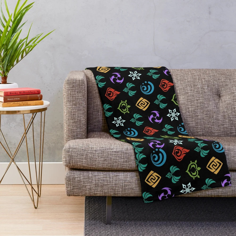 Genshin Impact themed plush blanket featuring all elements