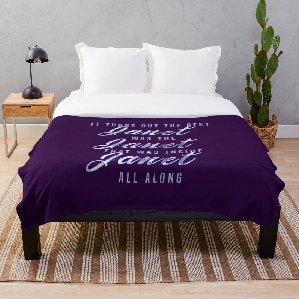 The Best Janet Plush Blanket, featuring characters from the popular TV series "The Good Place