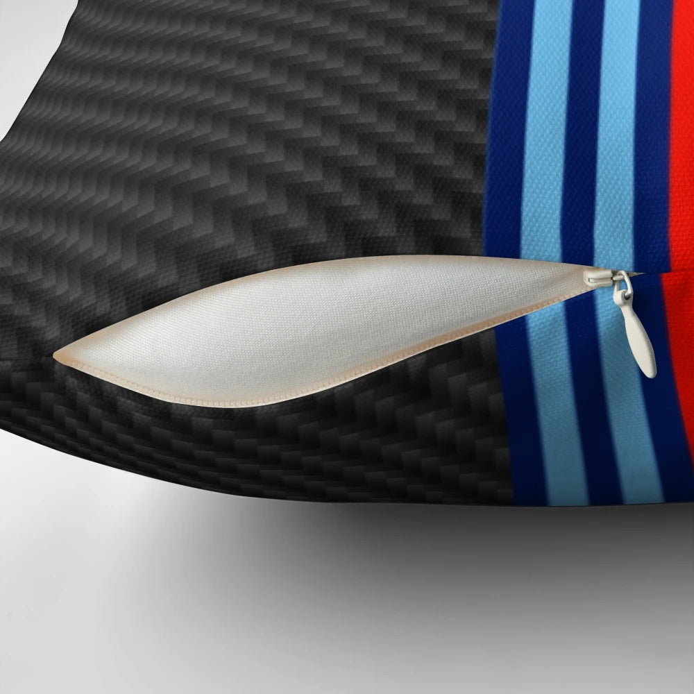 Carbon fiber racing stripes pattern printed on a plush pillow