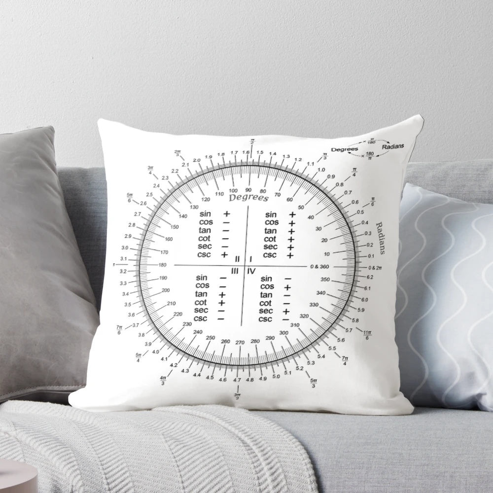 A soft, decorative pillow featuring a detailed illustration of the unit circle, a fundamental concept in mathematics.
