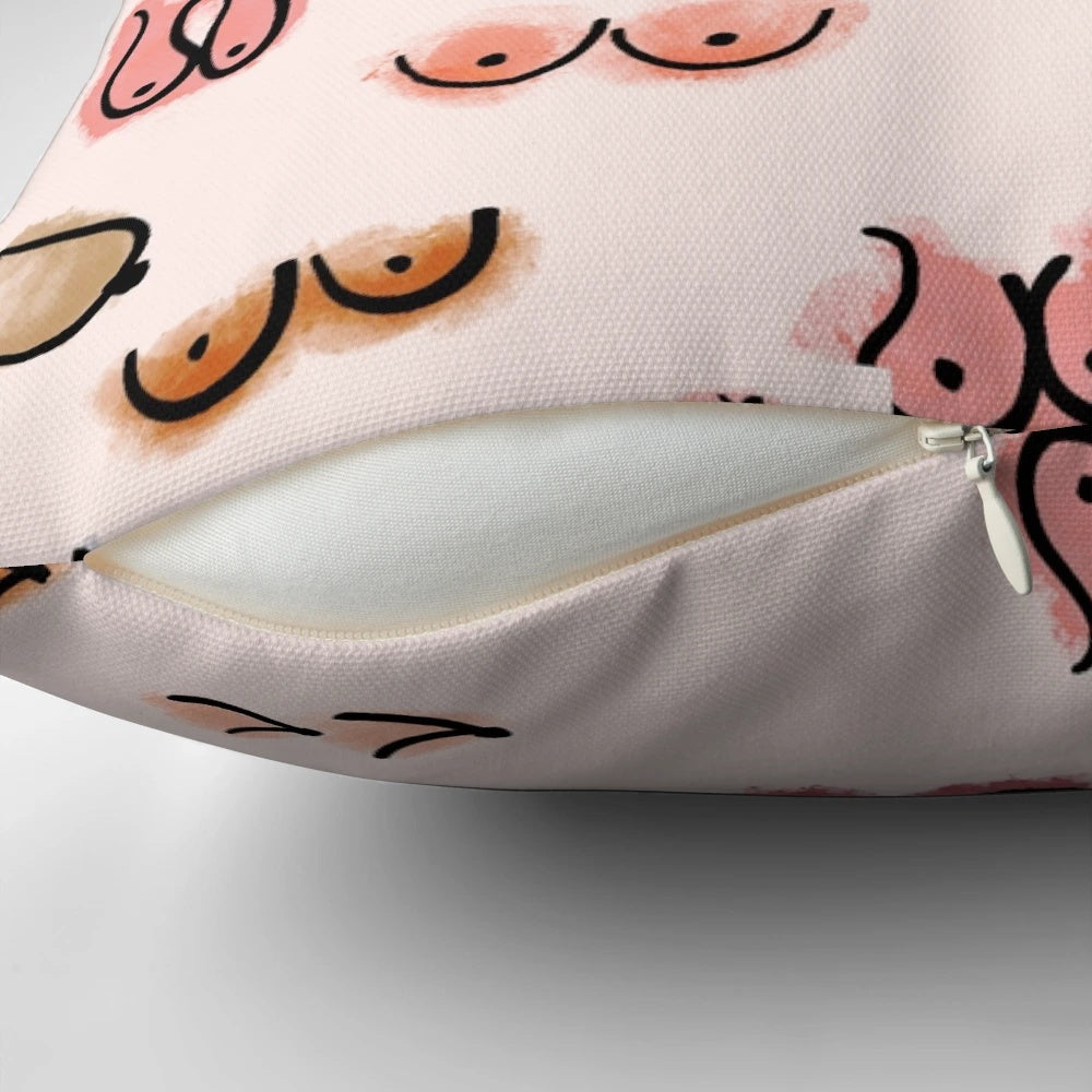 A decorative watercolor throw pillow featuring a whimsical boobs design in soft pastel tones.