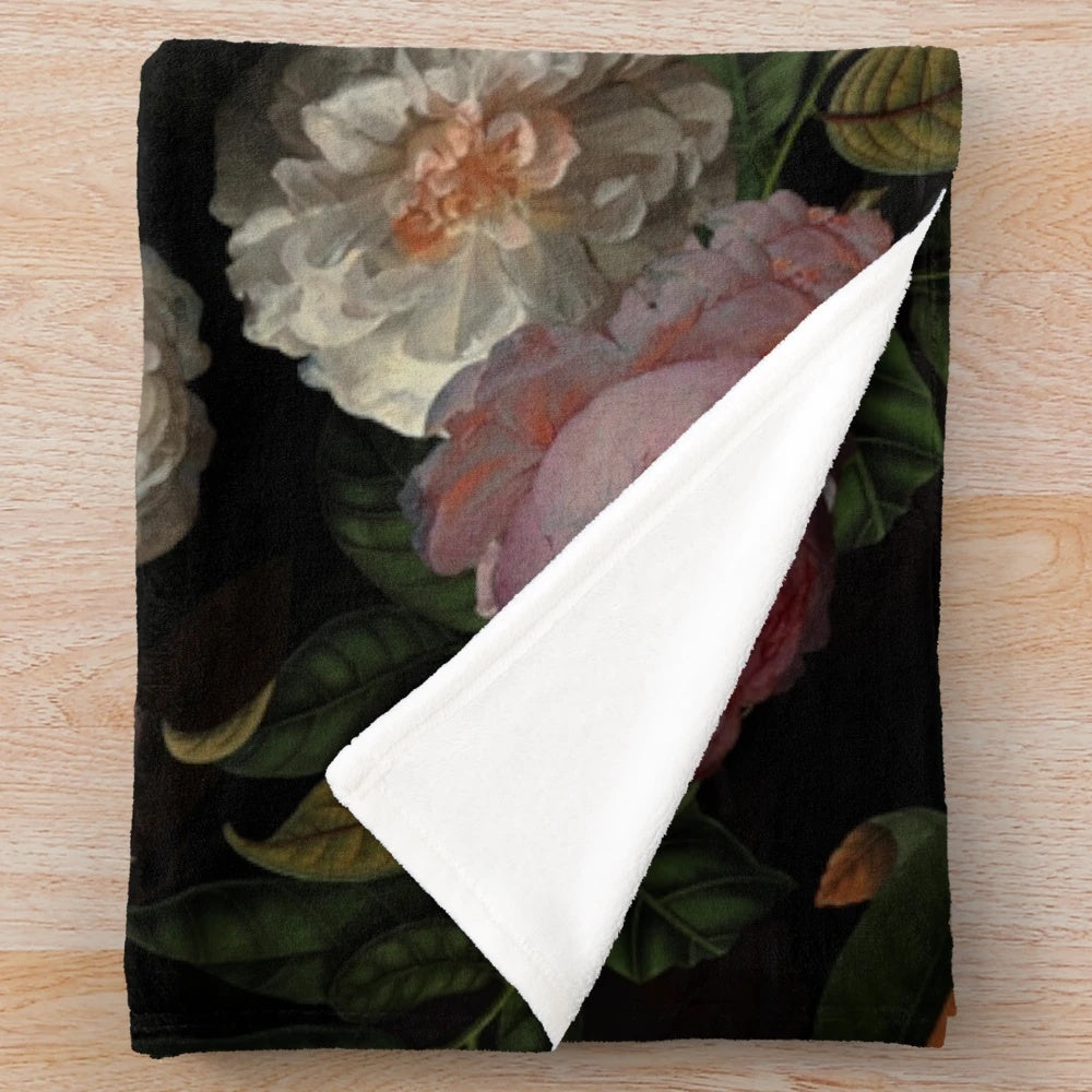 Black floral plush blanket with vintage botanical garden design