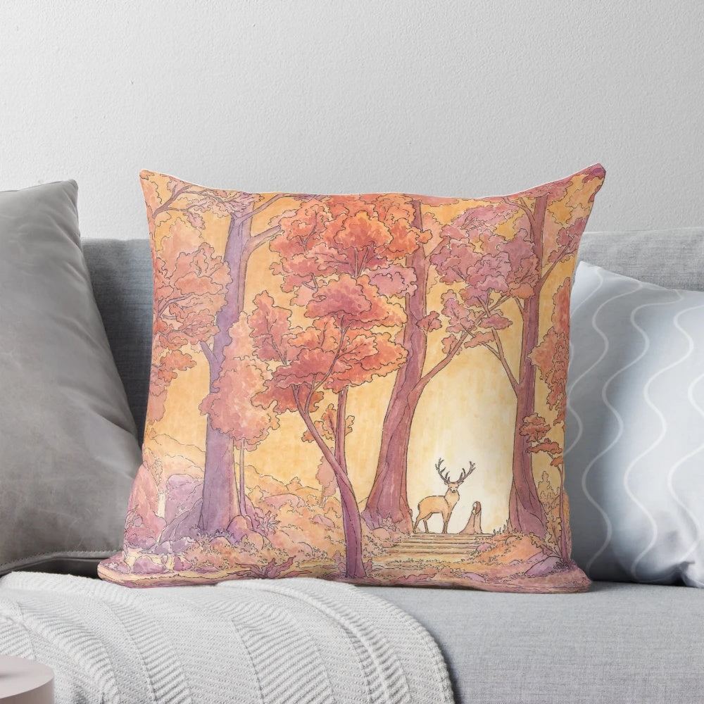 Enchanted forest scene with cathedral, deer, and girl on decorative pillow