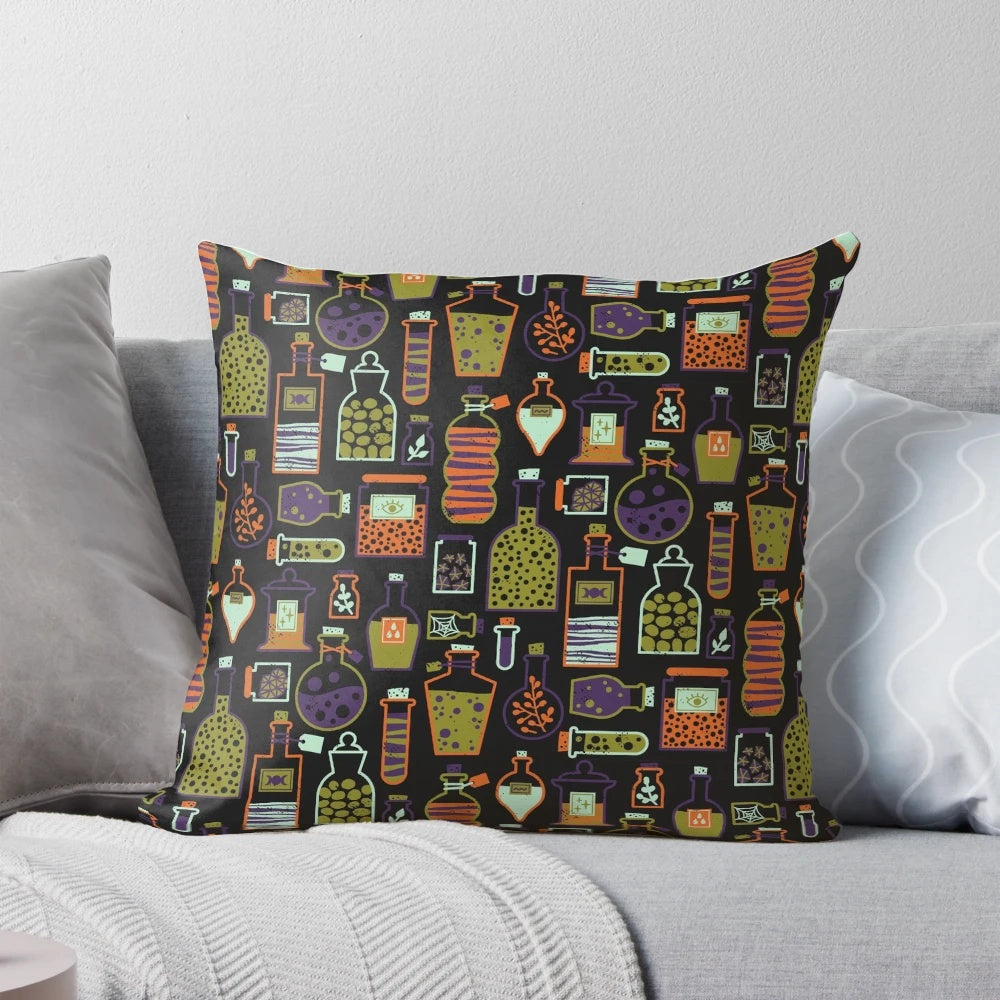 Decorative throw pillow featuring a potion shelf design with witchy, magical elements in vibrant purple, orange, and green colors.