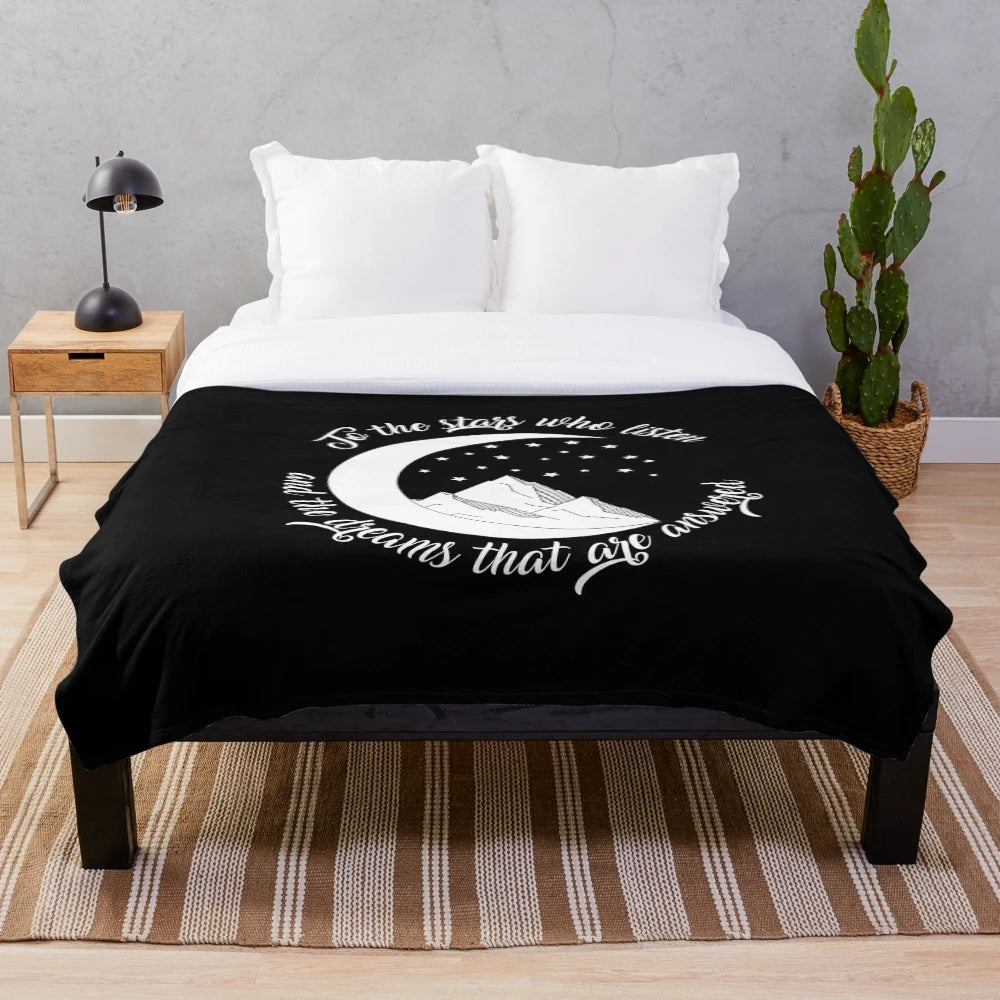 Soft and plush ACOMAF-inspired blanket featuring the quote "To the stars who listen and the dreams that are answered