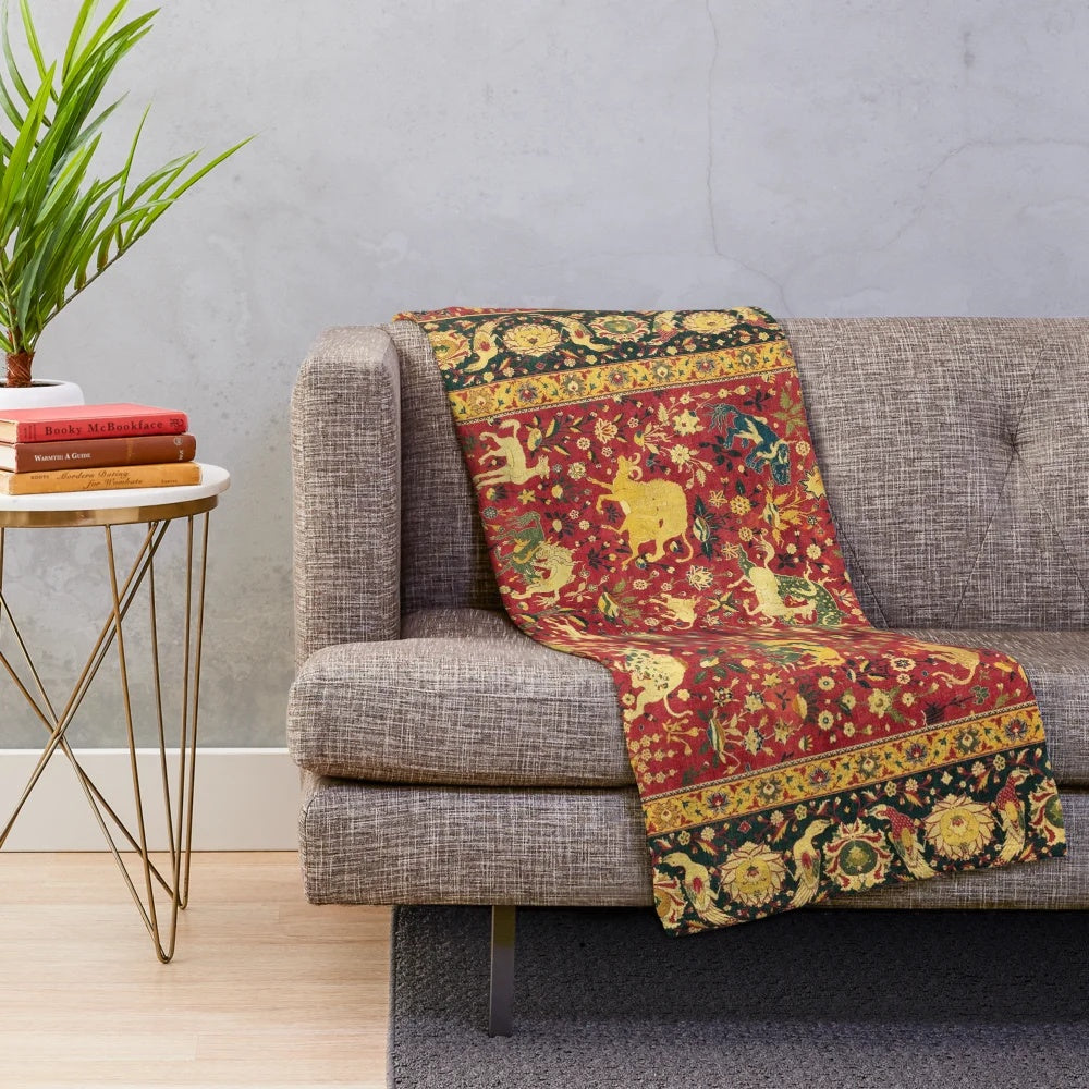 Antique Persian floral plush blanket with fantasy animals and mythical beasts