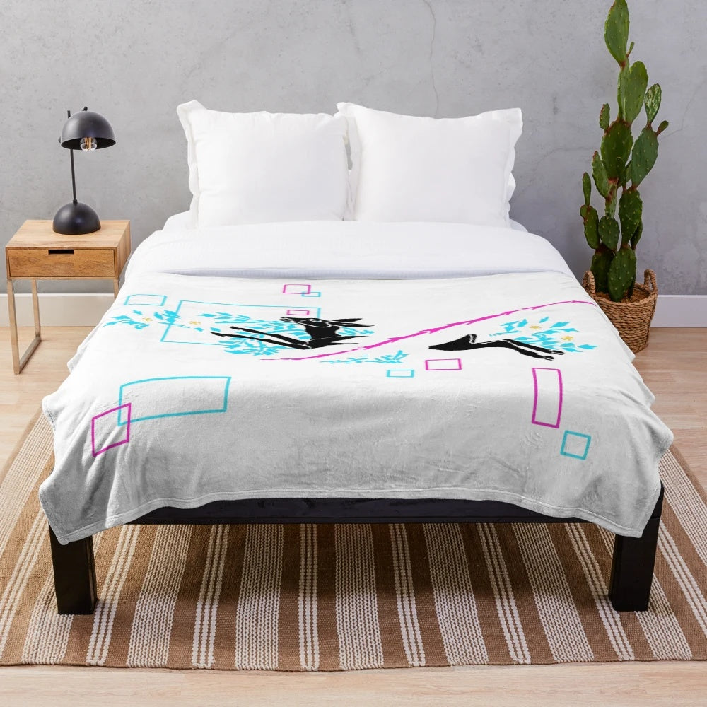 Black horse plush blanket with vintage floral and mythical creature design