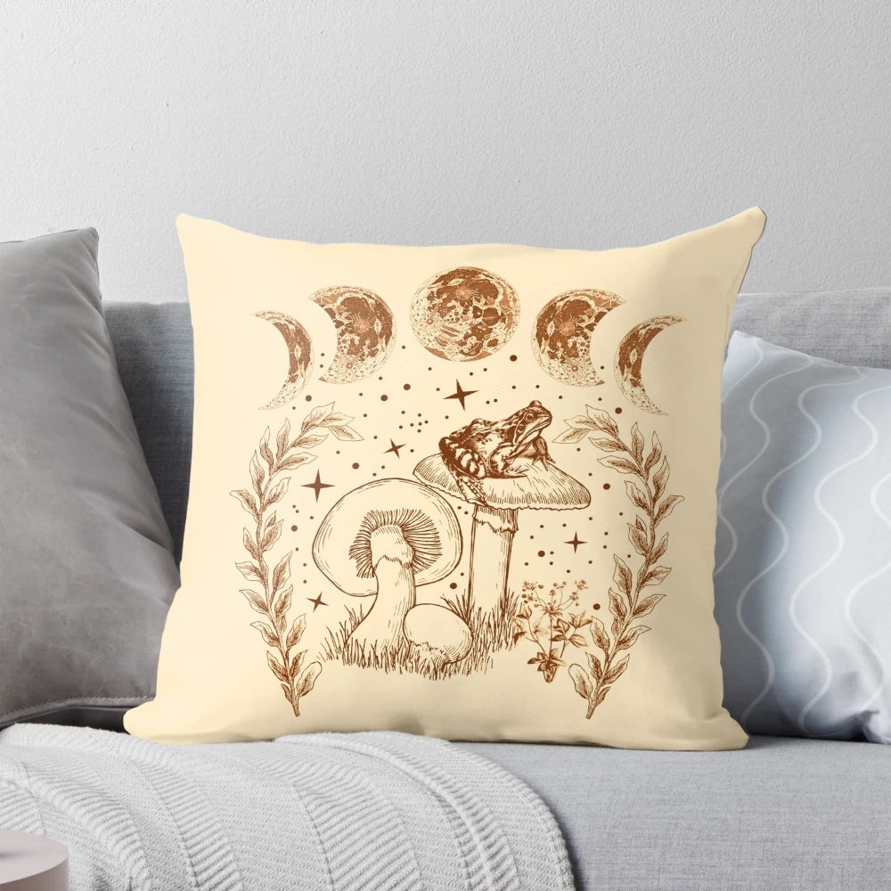 Cottagecore-inspired pillow featuring a whimsical frog sitting on a mushroom under a starry night sky