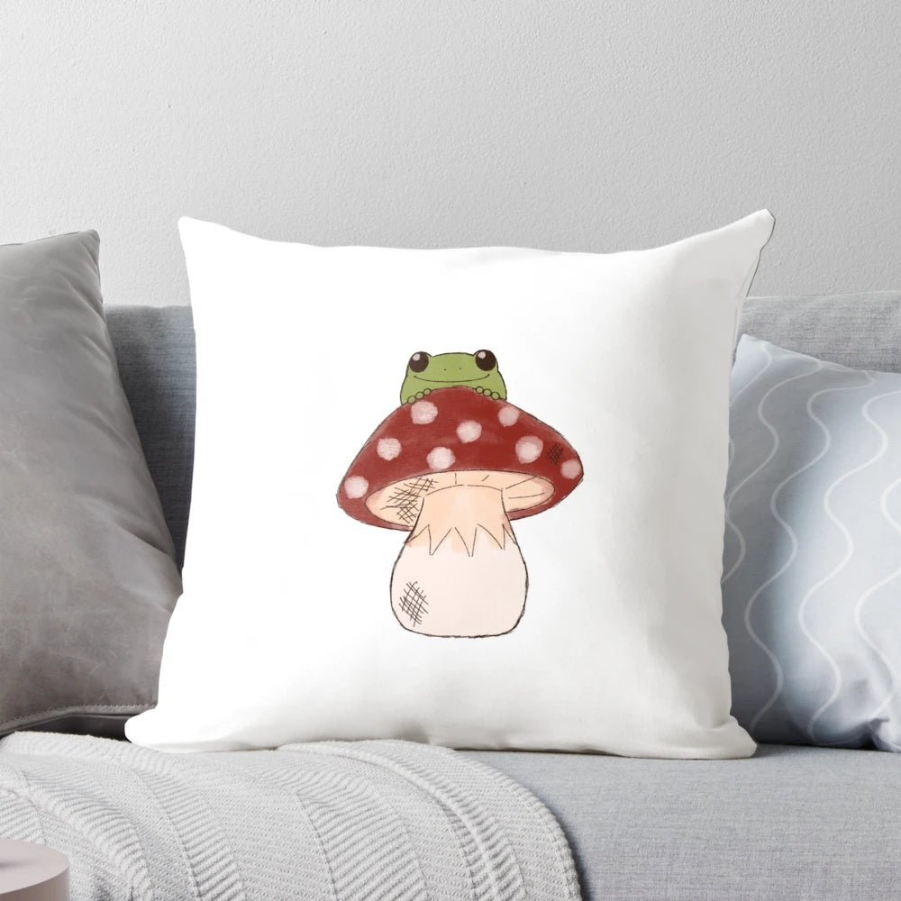 Whimsical toadstool-shaped decorative pillow in a cottagecore style