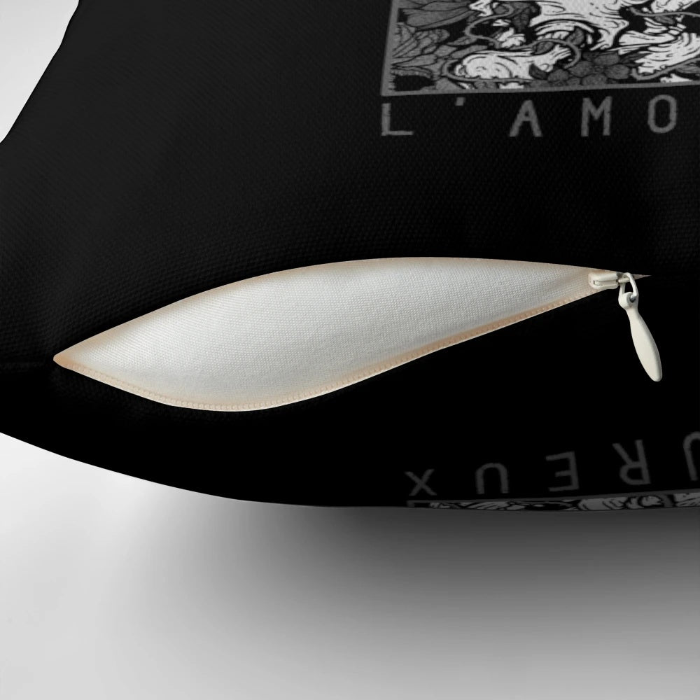Elegant lovers' pillow with tarot, skull, and flower design for a dark, romantic aesthetic