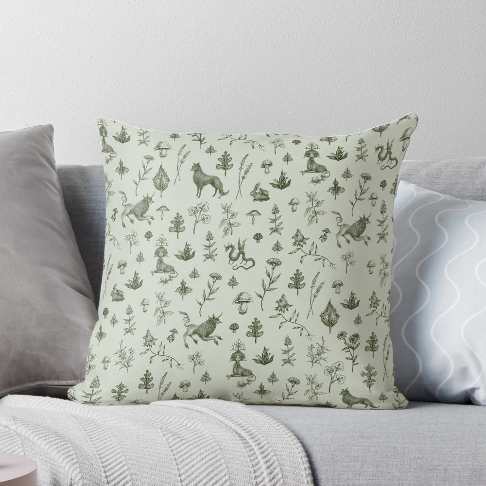 A whimsical medieval-inspired throw pillow featuring a colorful floral and foliage pattern with magical creatures.