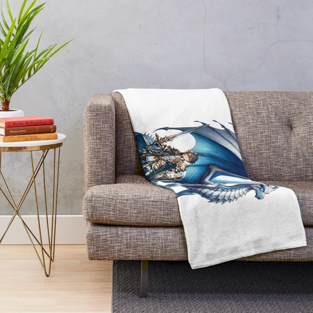 Plush blanket with medieval fantasy design featuring knights, dragons, and legendary animals
